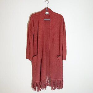 Mudpie long sleeve tunic duster length rust red orange boho fringe cardigan